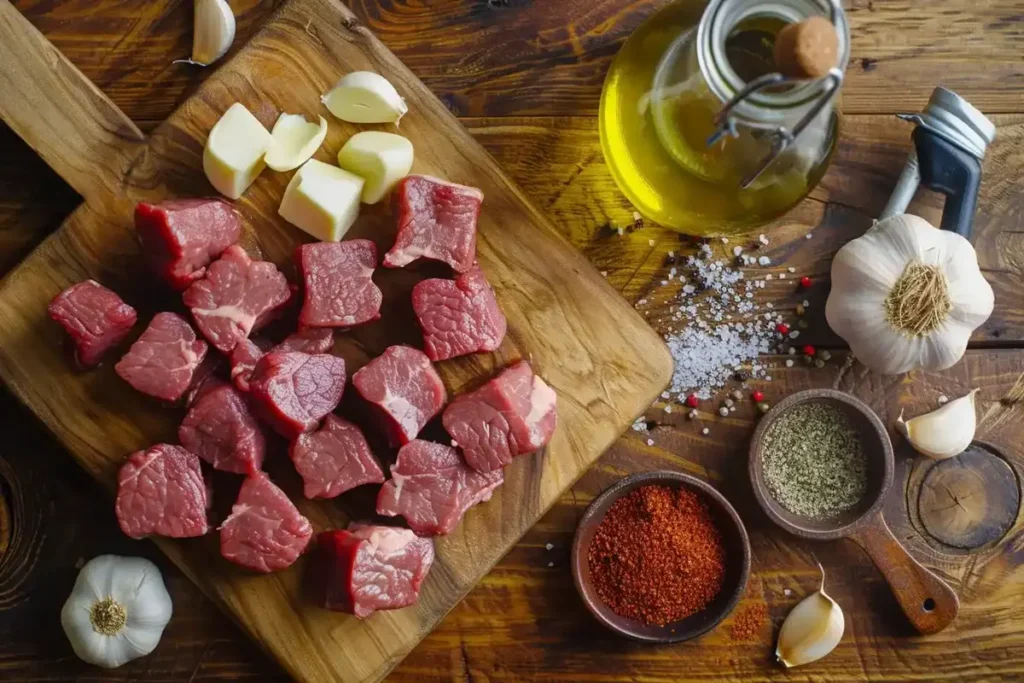 Fresh ingredients for making homemade garlic steak bites