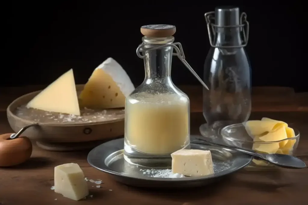 Raw milk, rennet, and salt displayed on a table for making Parmesan