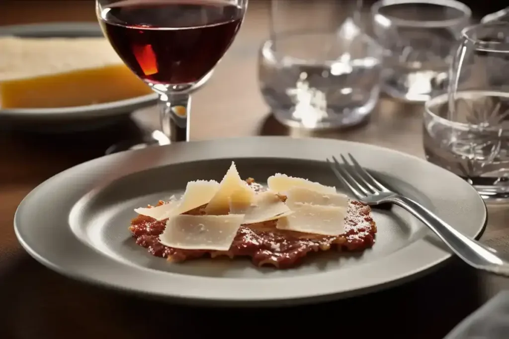 Parmesan shavings on a plate of pasta, served with red wine