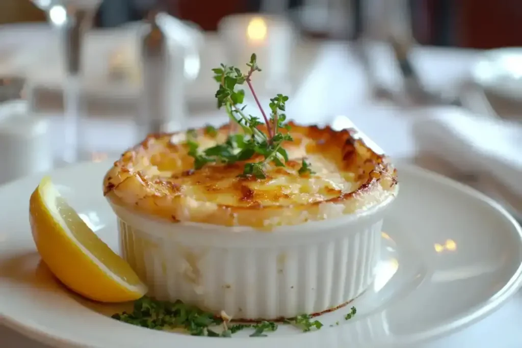 A beautifully plated crab brulee with a caramelized sugar crust and fresh herb garnish