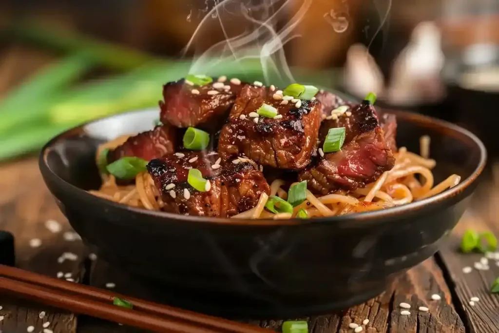 Juicy garlic steak bites served over spicy garlic noodles with sesame seeds and green onions.