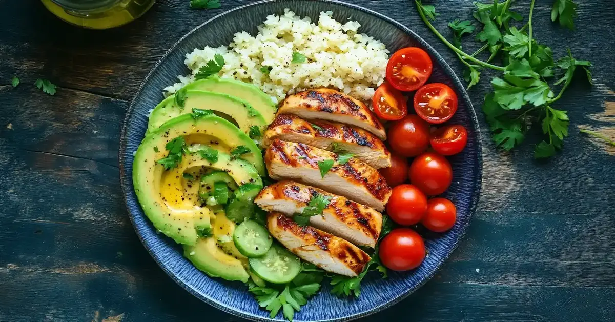 A colorful Brazilian Mounjaro-friendly meal with grilled chicken, avocado salsa, and fresh vegetables.