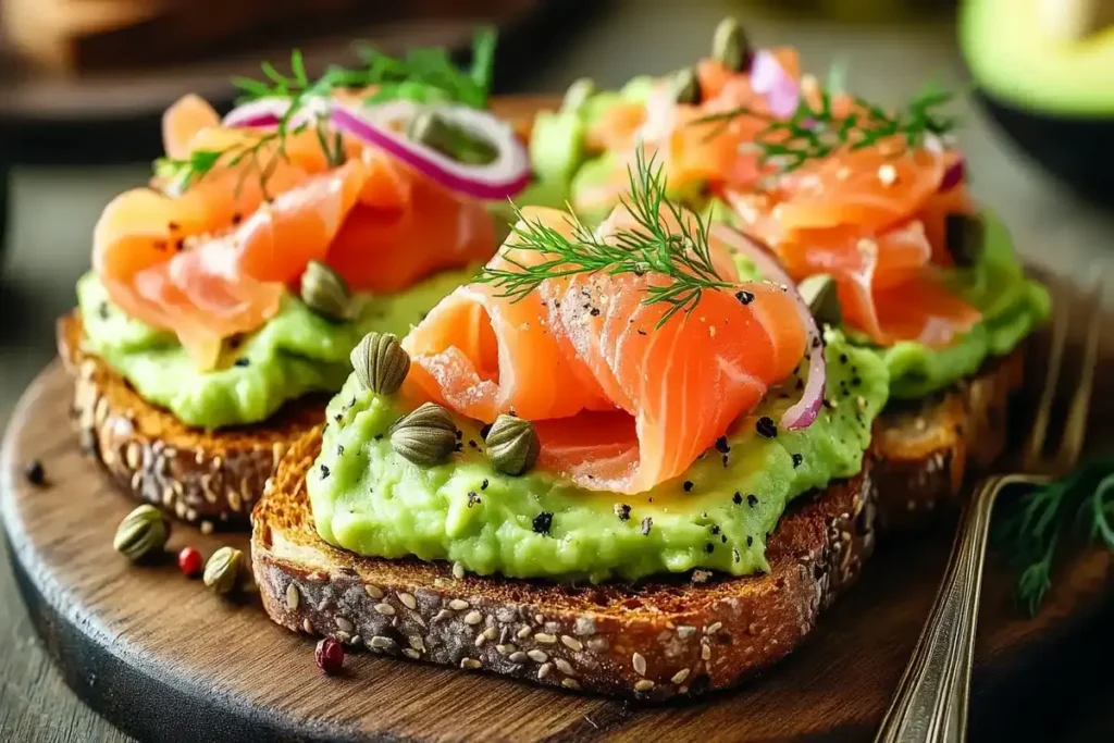  A rustic smoked salmon avocado toast topped with fresh microgreens and lemon juice