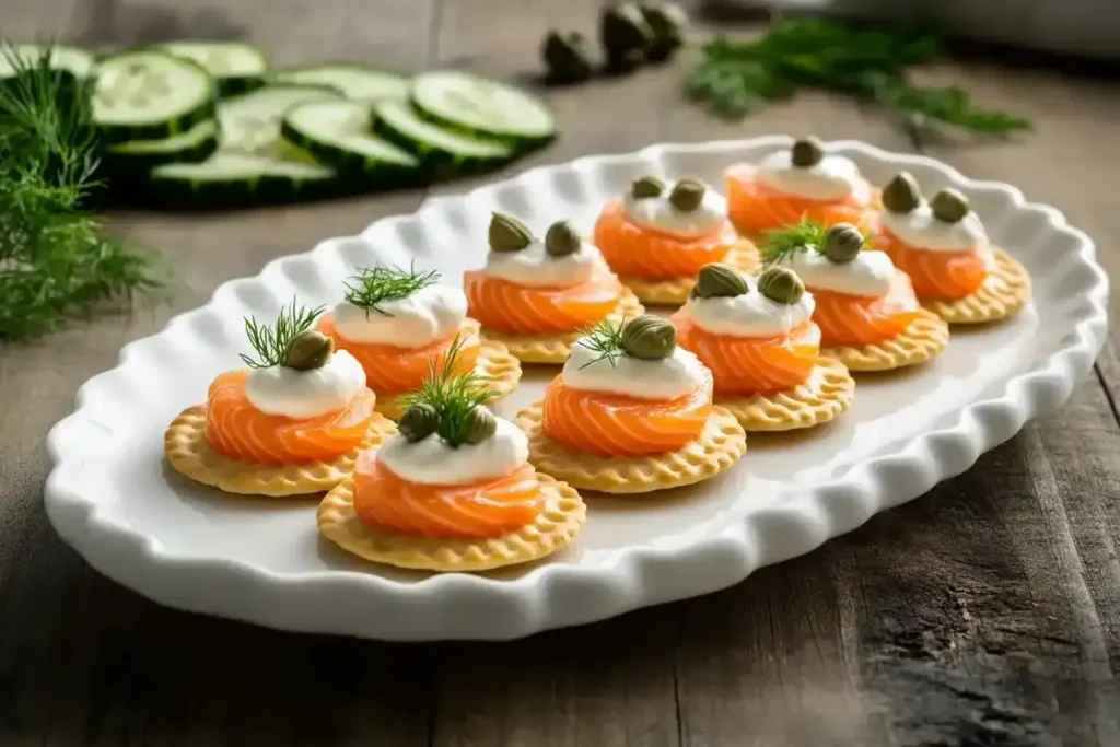 Elegant smoked salmon canapés with cream cheese and fresh dill on crispy crostini