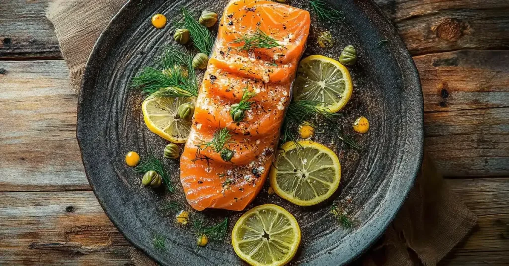 A gourmet plate of smoked salmon with fresh herbs and lemon slices