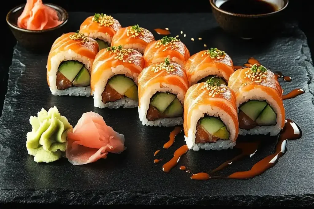 A beautifully arranged platter of smoked salmon sushi rolls with avocado and cream cheese